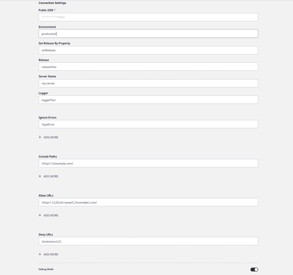 Configuration settings for sentry